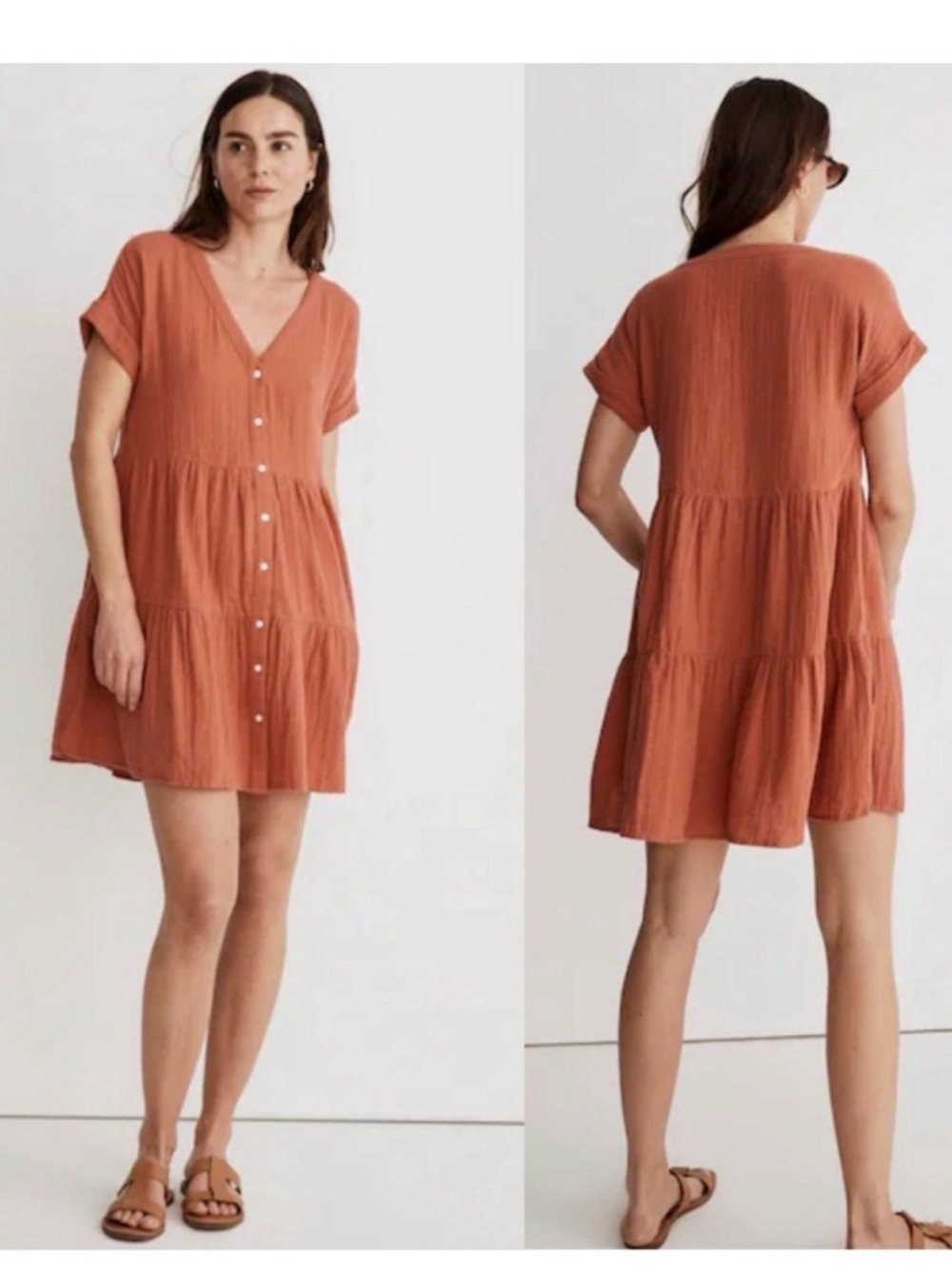 Madewell Lightspun Cuff-Sleeve Button-Front Tiered Mini Dress Size Large